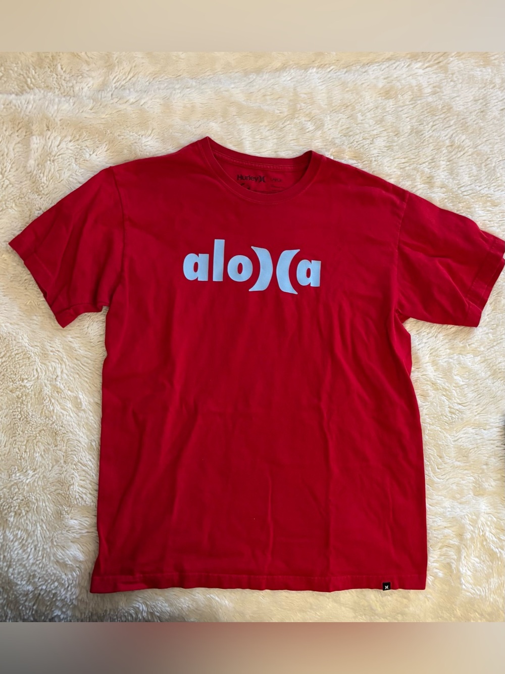 Hurley Red Crew Neck Hawaiian Tee with Light Blue Aloha, Large